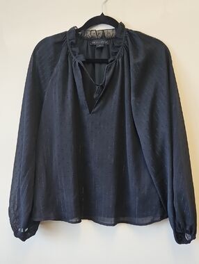 Tie-Neck Black Long Sleeve Blouse - Lightweight Textured Fabric